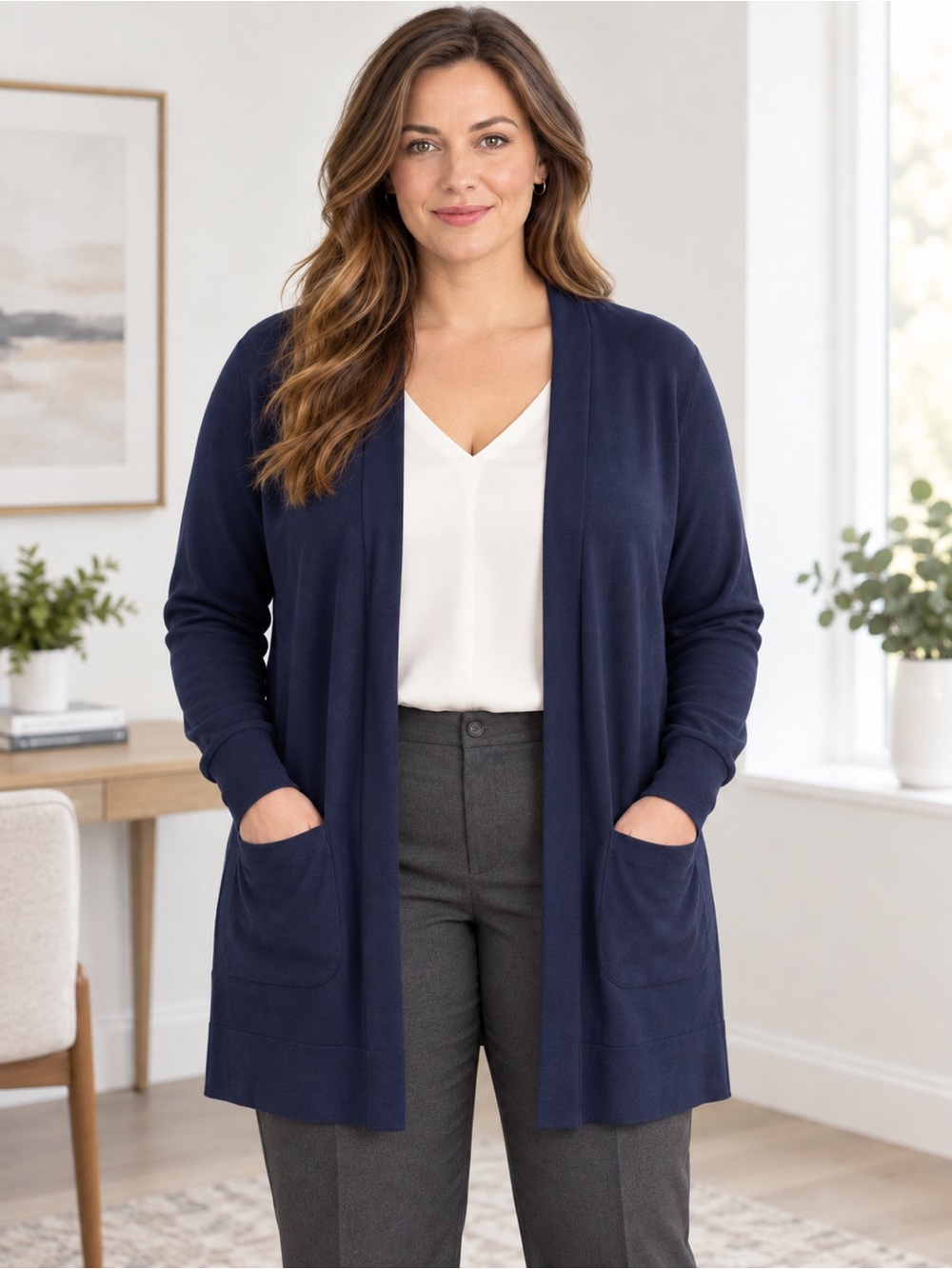 Ann Taylor Navy Blue Long Open Front Cardigan Sweater Pockets Medium